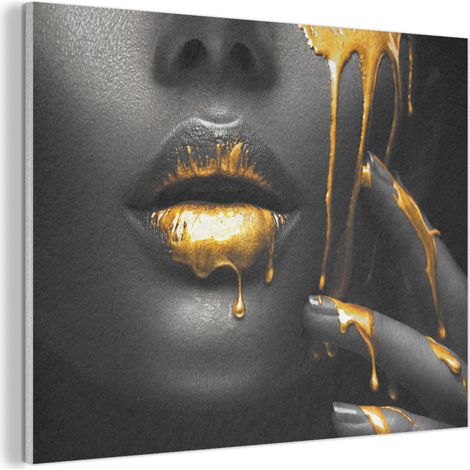 CUADRO ACÚSTICO Mujer - Negro - Oro - Cara - Labios Adornos Pared 80x60 (1/5)