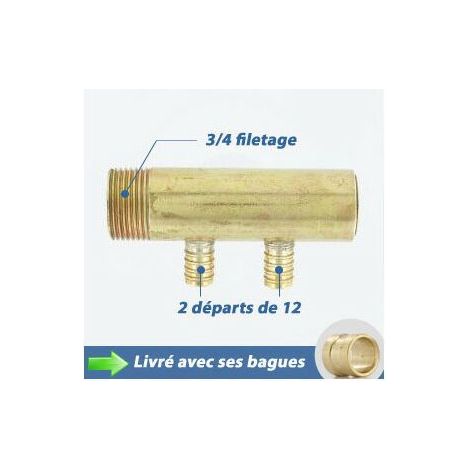 Collecteur 3/4" (20/27) Mâle-Bouchonné 2 piquages à glissement pour tube PER diamètre 12 compris 2 bagues de 12 (1/5)