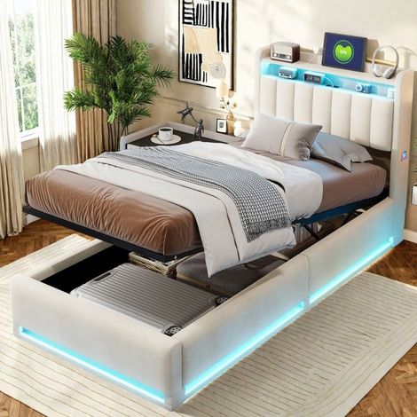 Lit 1 place 90x200 - coffre hydraulique velours beige - Tête de lit rangement, ports USB et LED d'ambiance - Style scandinave (1/5)