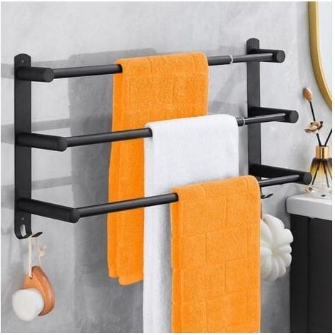 Porte-serviettes extensible sans perçage 3 couches en acier inoxydable autocollant avec 2 crochets pour salle de bain et cuisine noir 43 à 75 cm (1/5)