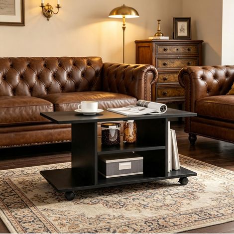 Meuble TV mobile noir en panneau de particules, 80 x 40 x 40 cm, avec 4 roulettes pivotantes dont 2 freinées, 2 étagères ouvertes pour appareils multimédias - CHICFURN (1/5)