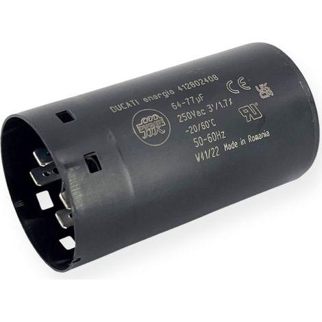 Condensateur de démarrage 64-77µF à cosses faston 6.3, fond plat - Ø46x84mm - DUCATI