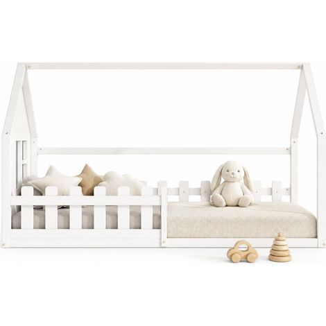 Letto per bambini casetta 90x200 cm in pino e MDF, bianco, con 7 doghe, stile casa per cameretta, struttura robusta e accogliente - CHICFURN (1/5)