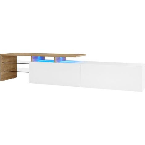 Mobile TV moderno 170 x 33 x 33,5 cm bianco e legno lucido con ripiani in vetro e LED (1/5)