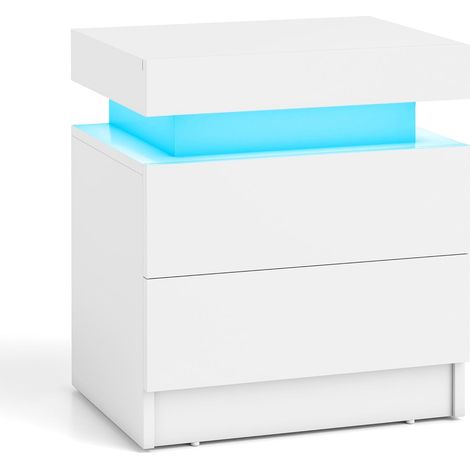 LED-Nachttisch mit 2 Schubladen, weißes MDF, modernes Design