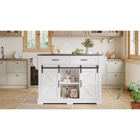 Îlot de cuisine avec plan de travail réglable, meuble de cuisine sur roulettes. Armoire à cuisine doté de 2 portes coulissantes et de 2 tiroirs. Style rustique, en blanc. (1/5)