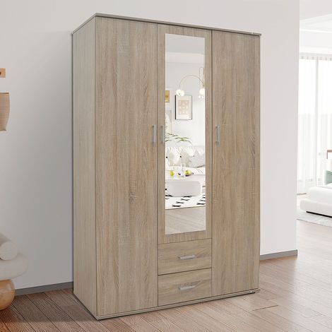 Armoire 3 portes 2 tiroirs 1 miroir 120x52x185 cm décor chêne