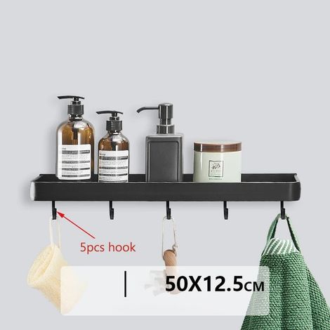 Étagère de salle de bain (50 cm avec 5 crochets) - Organisateur sans perçage - Étagère d'angle noire pour douche - Fixation murale - Porte-shampoing WC en aluminium (1/5)