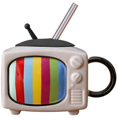 Set de tasse de café en céramique carrée avec paille et TV rétro - Gris clair, éclairage doux et agréable (1/5)