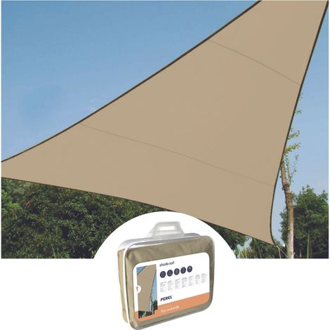 Perel Sonnensegel dreieckig, 3.6 x 3.6 x 3.6 m, 180 g/m2 Polyester, wasserdurchlässig, atmungsaktiv, UV-Schutz, Garten Terrasse Balkon Pool, Champagner, Edelstahlringe