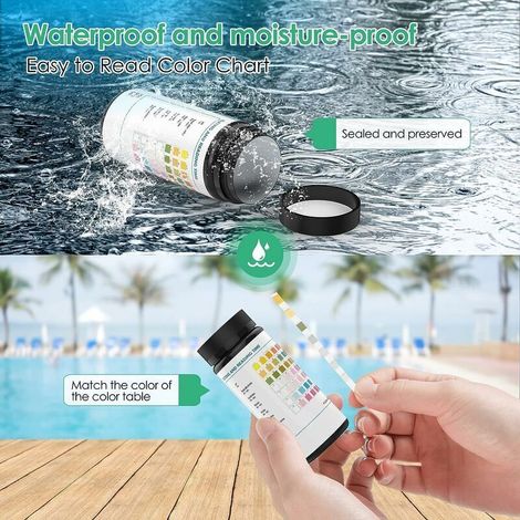 Strisce reattive per piscine, 7 in 1, confezione da 50 strisce per il test della qualità dell'acqua di cloro totale, bromo, nitriti, nitrati, durezza, alcalinità totale, pH (1/4)