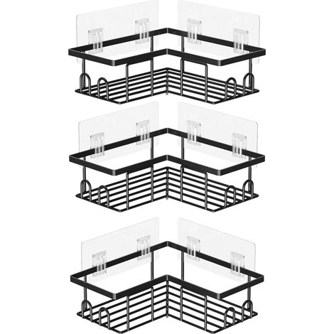 Étagère de Douche sans Percage, Étagère Salle Angle de Bain, Rangement Douche pour Nettoyant pour Corps de Shampoing, Corner Shower Caddy (3 Pièces Etagère Salle Angle- Noir) (1/5)