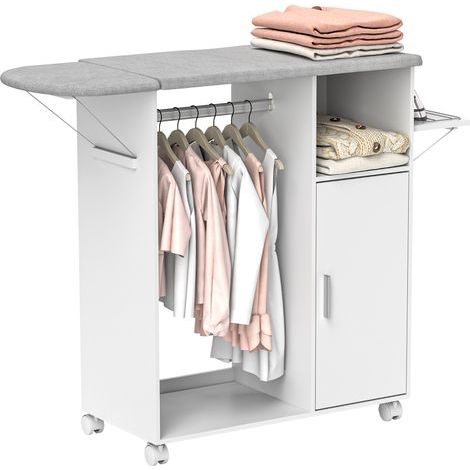 Armoire à repasser sur roulettes, table à repasser pliante, étagère réglable, barre de suspension, 127x42,5x99cm, blanc (1/5)