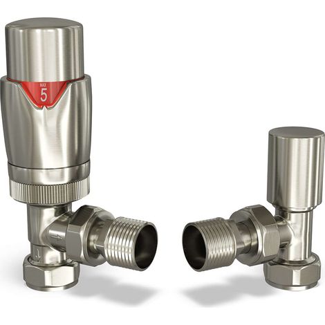 Stirling Bold - Silver Nickel Thermostatic Radiator Valve & Lockshield Angled 15mm (1/2)
