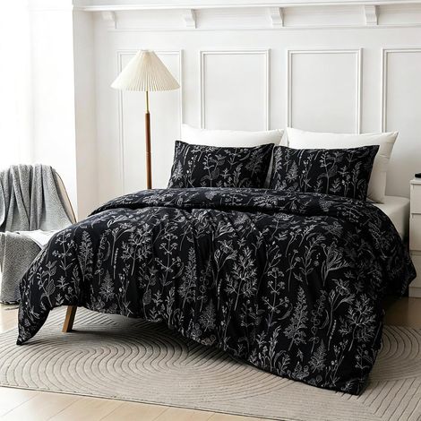 Bettwäsche-Set 155x220 cm 3-teilig Mikrofaser Botanisch Schwarz Pflegeleicht OEKO-TEX