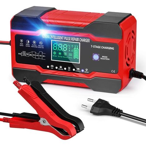 Chargeur de Batterie Voiture 10 A 12 V/24 V Chargeur pour Auto Moto Intelligent avec écran LCD Tactile et 5 Modes Réparation Automatique Rouge (1/5)