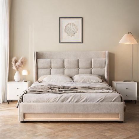Cadre de lit beige en lin 210 x 145 x 117 cm (1/5)