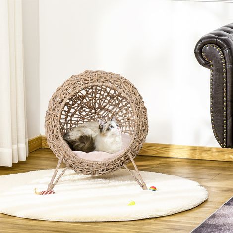 Panier chat lit surélevé chat cosy niche grotte grand confort dimensions Ø 52 x 58H cm coussin moelleux inclus résine tressée beige
