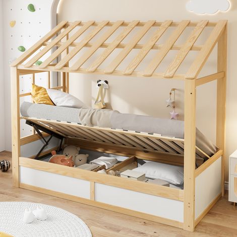 Cama infantil con almacenaje 90 x 200 cm estilo casa con techo y ventana DESVIAE (1/5)