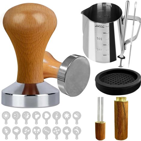 Pressino per caffè espresso - Pressino per caffè da 51 mm - Kit di accessori per macchina da caffè da 21 pezzi, tra cui bricco per il latte, tappetino per pressatore, stencil, agitatore e strumenti da