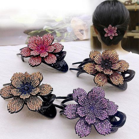 4pcs Pince Cheveux Double Fleur Pingle Cheveux En Strass Pince Cheveux En Strass Pince Cheveux Florale En Strass Pour Femme Fille(4 Couleurs) (1/5)