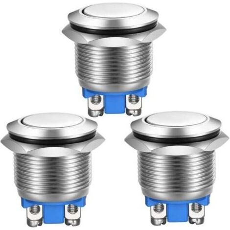 Trois interrupteurs à bouton-poussoir instantanés, bornes à vis en acier inoxydable, boutons étanches, 19 mm, 2 A, 12 V/24 V/125 V/250 V (tête plate). (1/4)