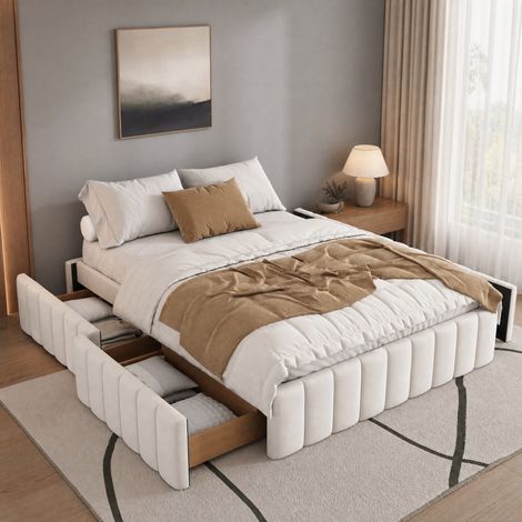 Cama tapizada 140 x 200 cm en terciopelo beige, sin cabecero, con 4 cajones y somier de láminas, estilo minimalista para dormitorio moderno - CHICFURN (1/5)