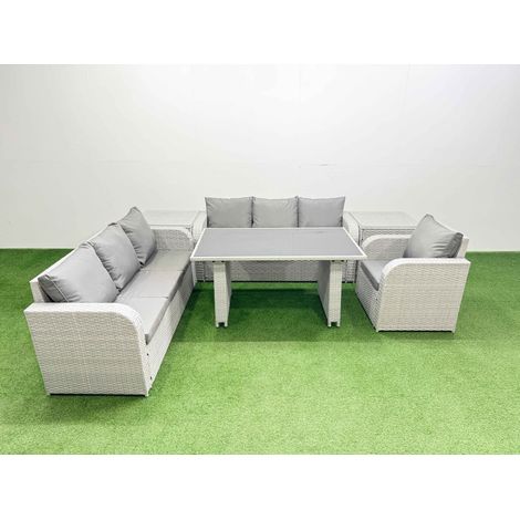 Fimous Rattan Garden Furniture Dining Set 7-seater Patio Rectangular Table Sofa Set with 2 Side Tables Light Grey (1/4)