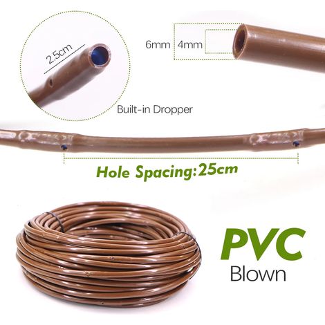 Tuyau d'irrigation goutte à goutte automatique en PVC, 1/4" (marron, 1/4 pouce, 10 m), avec émetteur espacé de 25 cm, pour serres, cultures et jardins. (1/5)