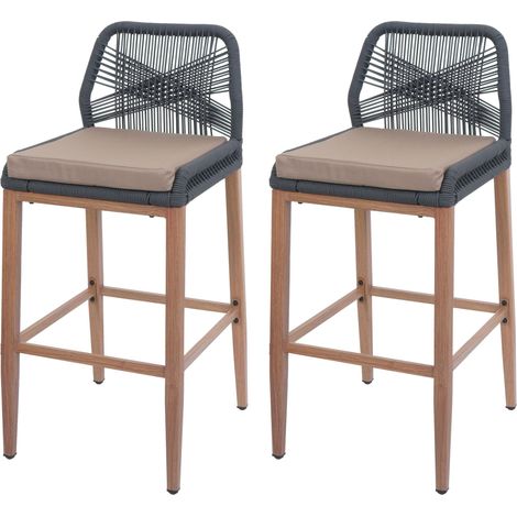 Lot de 2 tabourets de bar Rope HWC-O21, coussins d'extérieur en corde tressée métal aspect (1/5)