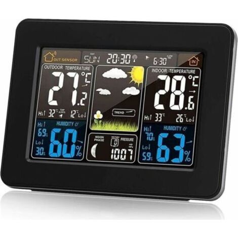 Drahtlose Wetterstation mit Alarmfunktion und Temperatur-/Luftfeuchtigkeits-/Barometer-/Wecker-/Monduhr-/Wetteranzeige mit digitalem Außensensor und Farbdisplay PT3365 (1/5)