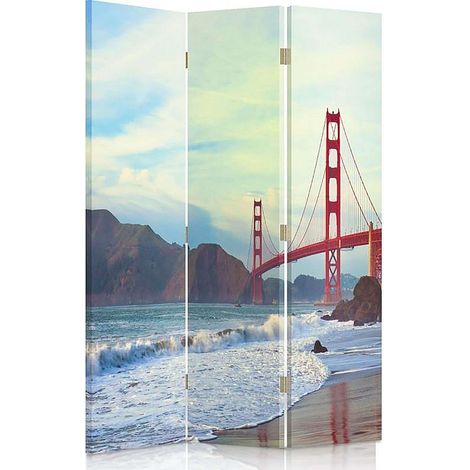 Paravent Golden Gate - Séparateur d'Espace Scénique 3 Panneaux - 110 x 180 cm - 1 face déco, 1 face noir