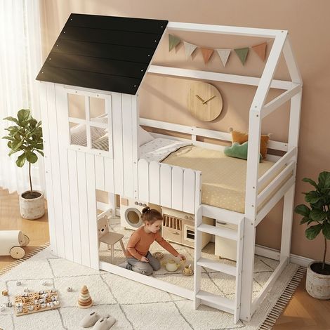 Lit mezzanine enfant forme maison blanc et noir avec fenêtres, escalier 3 marches, barrières périphériques, pin et MDF 90×200 cm (sans Matelas) (1/5)