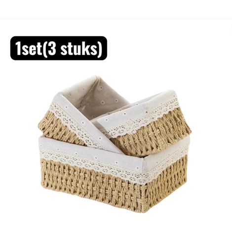 ensemble (3 pièces) - Paniers de rangement - Panier de rangement tressé - Télécommande et en-cas - Organisation pratique pour le salon ou la chambre - Avec coussin fleuri - Kaki (1/5)