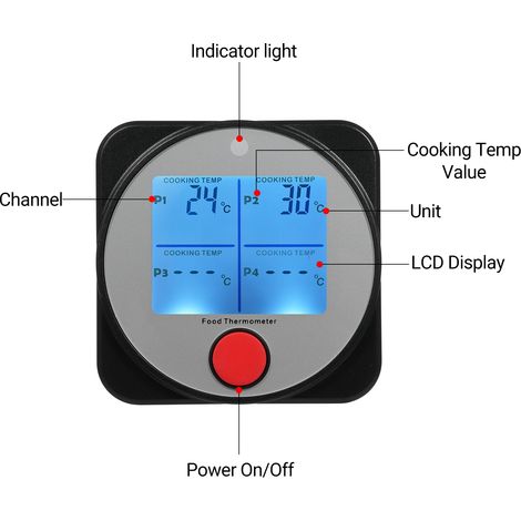 Thermomètre BBQ WT308 Bluetooth 4 sondes acier inox écran LCD rétroéclairé noir (1/4)