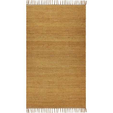 Alfombra de yute amarillo mostaza marrón 80 x 150 cm hecho a mano borlas Lunia