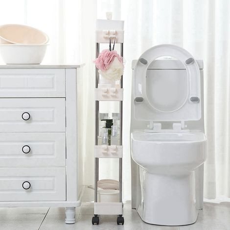 Étagère de rangement mobile pour salle de bain, cuisine et toilettes, chariot blanc 4 niveaux gain de place (1/5)