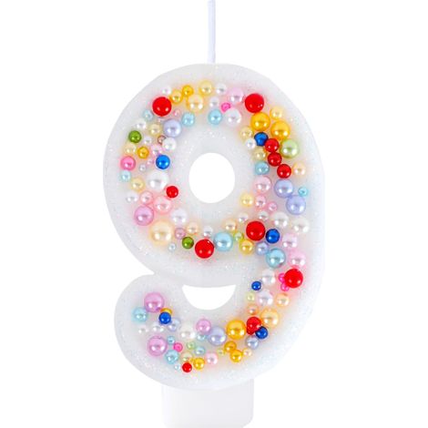 Bougie d'anniversaire 9 ans arc-en-ciel en forme de chiffre 9 avec perle colorée pour princesse, petite fille, femme, thème macaron, décoration de gâteau de 9e anniversaire (1/5)