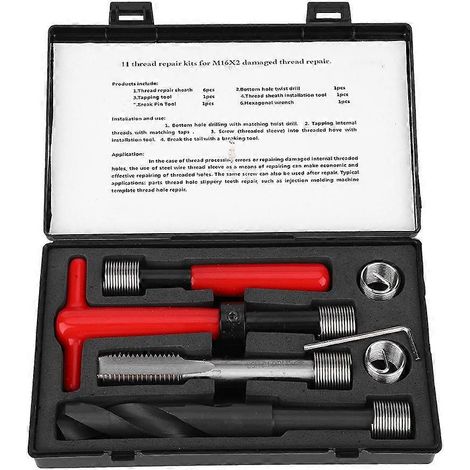 Kit de réparation de filetage en acier inoxydable 11 pièces, foret hélicoïdal, clé à tarauder, outil d'insertion de filetage M16x2
