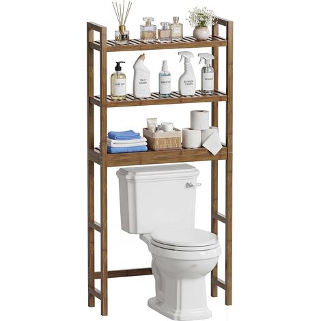 Étagère de rangement pour salle de bain en bambou – Meuble gain de place à placer au-dessus des toilettes – Modèle sur pied avec 3 étagères réglables (finition noyer) (1/5)