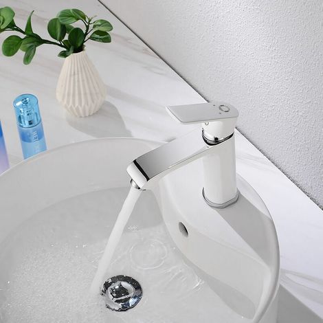 Wasserhahn für Waschbecken mit heißem und kaltem Wasser, Badezimmerarmatur in Weiß und Chrom, Waschtischarmatur mit 2 Einstellmöglichkeiten, Messing