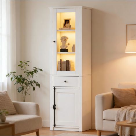 Meuble de rangement vitrine 55 x 40 x 200 cm avec LED, 1 tiroir, 2 portes, blanc HAVRYA (1/5)