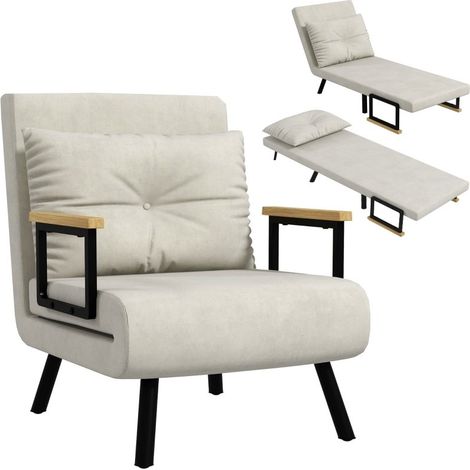 Sillón convertible 4 en 1, respaldo de 5 posiciones, reposabrazos de madera, 185 x 63 x 26 cm, color crema (1/5)