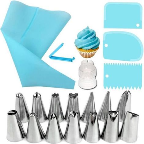 1 Ensemble Pâtisserie, Poche Silicone Réutilisable, 14 Douilles, 3 Grattoirs, Accessoire Cuisine, Décoration Gâteau (1/5)