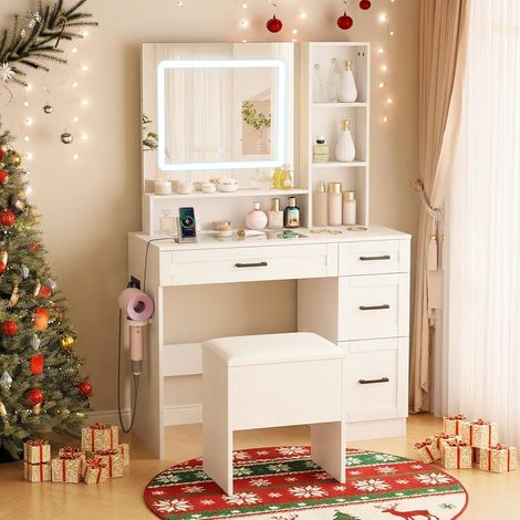 COSTWAY Set Toeletta Trucco con Luci,Prese di Stazione,Piano in Vetro，per Camera da Letto (1/5)