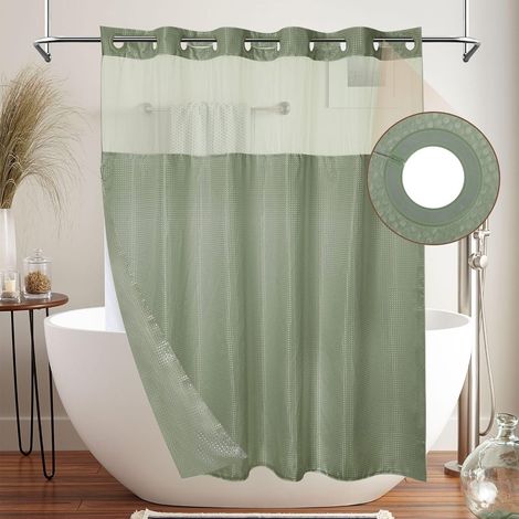 Rideaux de Douche sans Crochets 74 x 71 inch Rideaux Douche Double Couche avec Doublure Imperméables et Tissu Gaufres, Rideaux Anti Moisissure, Motif Gaufré et Fenêtre en Maille(Vert) (1/5)
