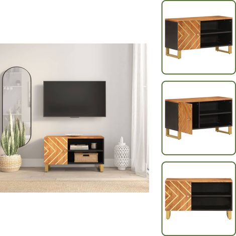 The Living Store Meuble TV marron et noir 80x31,5x46 cm bois massif de manguier - Meubles Tv - Meuble Tv - Meuble Audiovisuel - Unité Multimedia - Rangement Tv (1/5)