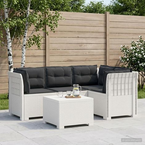 Canapé de Jardin 4 Places Modulable en PP Aspect Rotin Blanc avec Coussins Anthracite - PANGIVO (1/5)