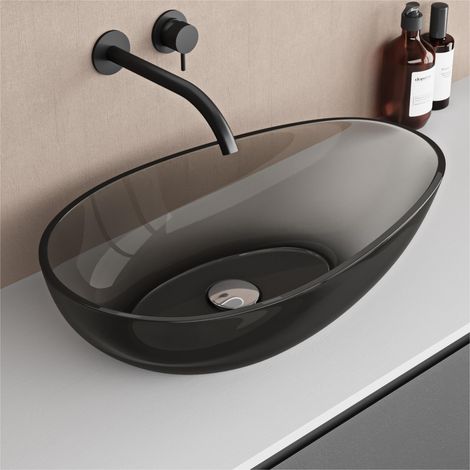 doporro Lavabo da Appoggio Ovale Asimmetrico 60x36x14 cm in Resina Trasparente Grigia per Bagno e WC Ospiti Coloria04 (1/5)