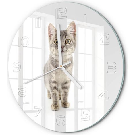Horloge Murale Ronde Maison et Bureau Verre Trempé Mouvement Silencieux Chat gris fi 30 cm (1/5)